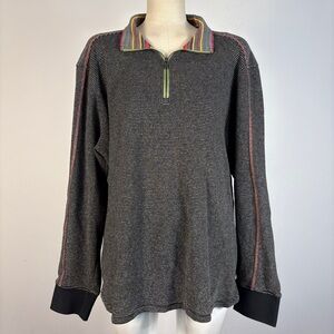 Robert Graham Gray Striped 1/4 Zip Pullover Contrast Collar Flip Cuff Size L